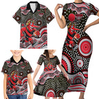Essendon Bombers Family Matching Short Sleeve Bodycon Dress and Hawaiian Shirt Aboriginal Dot Pattern - Football Mascot Heritage Pride