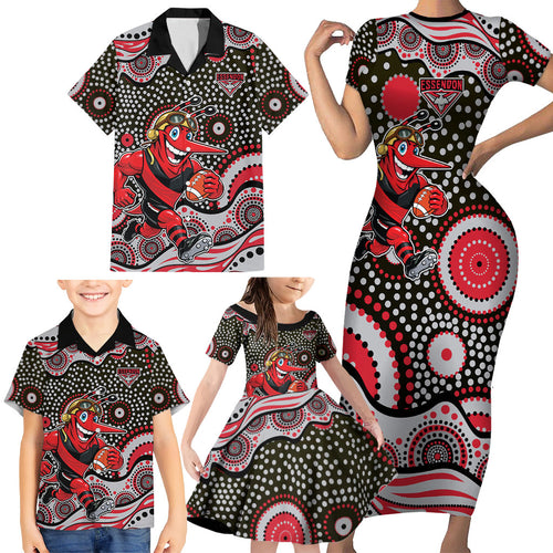 Essendon Bombers Family Matching Short Sleeve Bodycon Dress and Hawaiian Shirt Aboriginal Dot Pattern - Football Mascot Heritage Pride