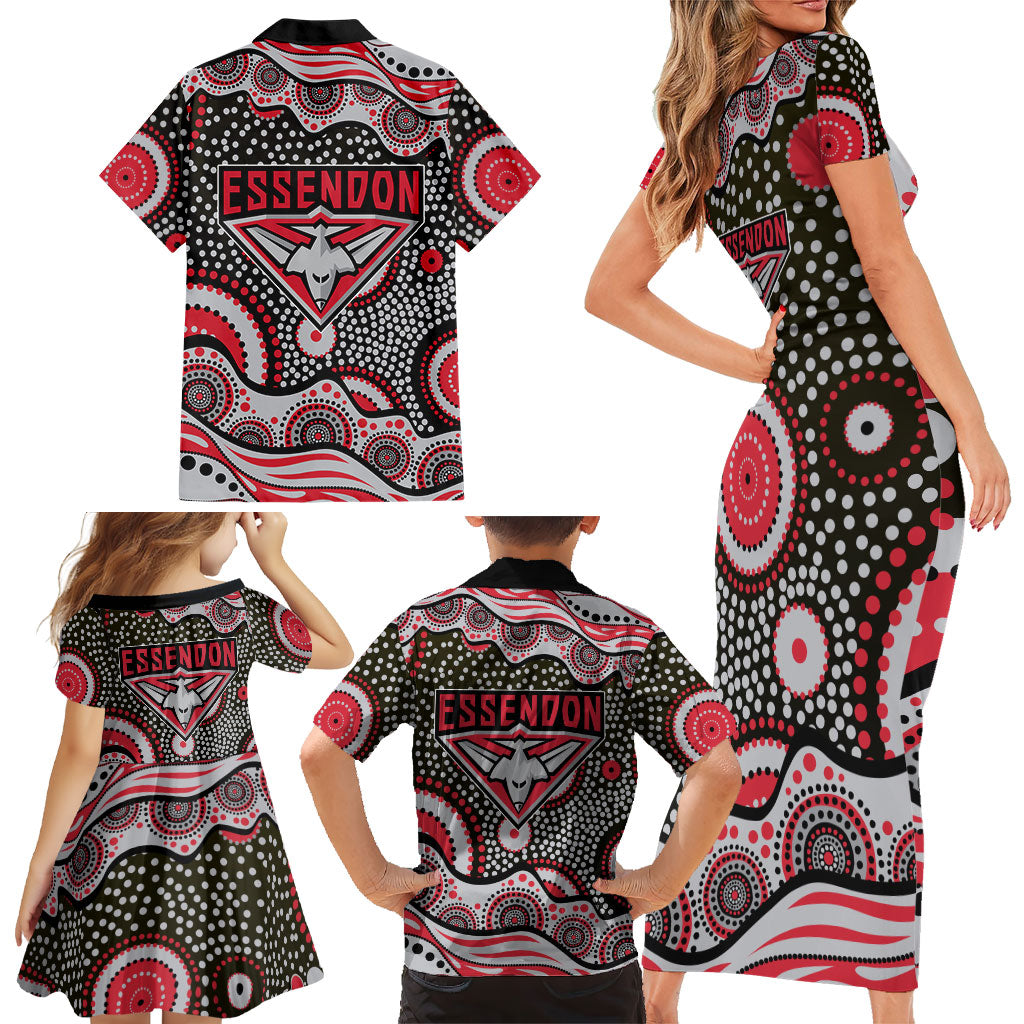 Essendon Bombers Family Matching Short Sleeve Bodycon Dress and Hawaiian Shirt Aboriginal Dot Pattern - Football Mascot Heritage Pride