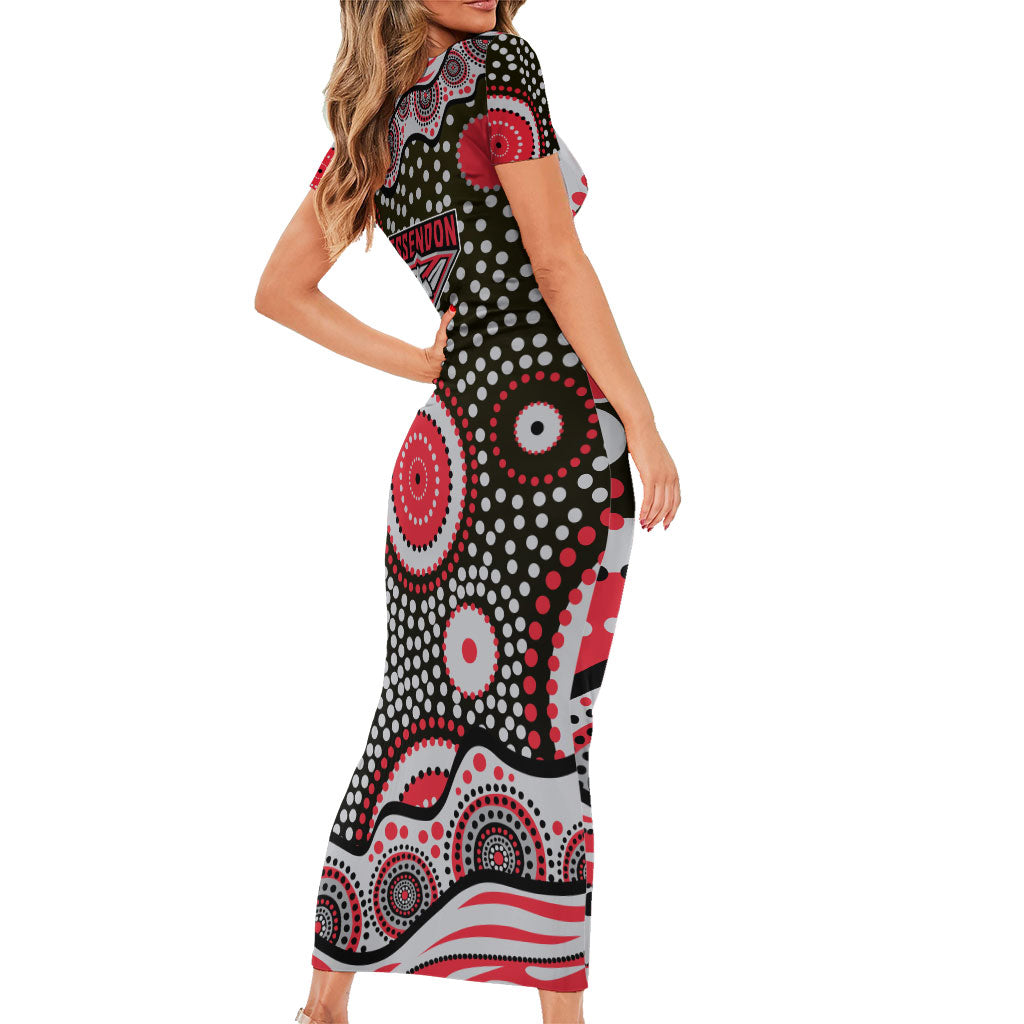 Essendon Bombers Family Matching Short Sleeve Bodycon Dress and Hawaiian Shirt Aboriginal Dot Pattern - Football Mascot Heritage Pride