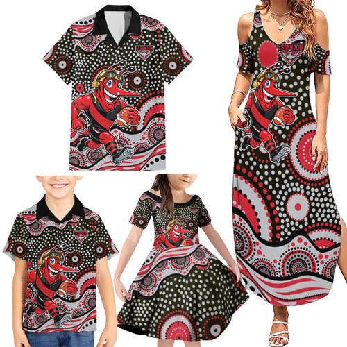 Essendon Bombers Family Matching Summer Maxi Dress and Hawaiian Shirt Aboriginal Dot Pattern - Football Mascot Heritage Pride