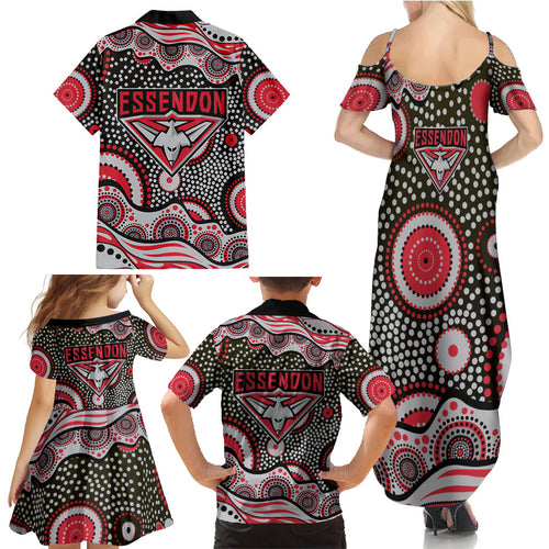Essendon Bombers Family Matching Summer Maxi Dress and Hawaiian Shirt Aboriginal Dot Pattern - Football Mascot Heritage Pride