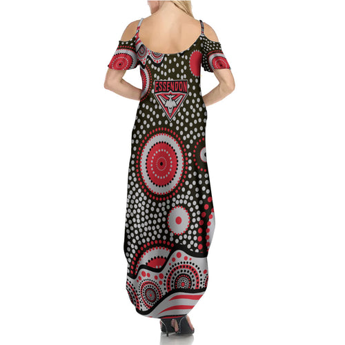 Essendon Bombers Family Matching Summer Maxi Dress and Hawaiian Shirt Aboriginal Dot Pattern - Football Mascot Heritage Pride