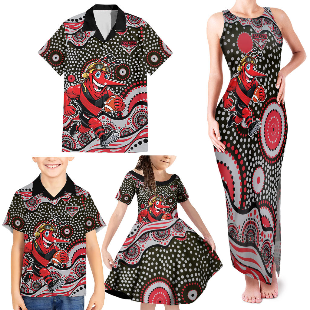 Essendon Bombers Family Matching Tank Maxi Dress and Hawaiian Shirt Aboriginal Dot Pattern - Football Mascot Heritage Pride