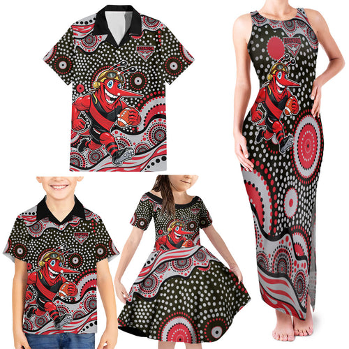 Essendon Bombers Family Matching Tank Maxi Dress and Hawaiian Shirt Aboriginal Dot Pattern - Football Mascot Heritage Pride