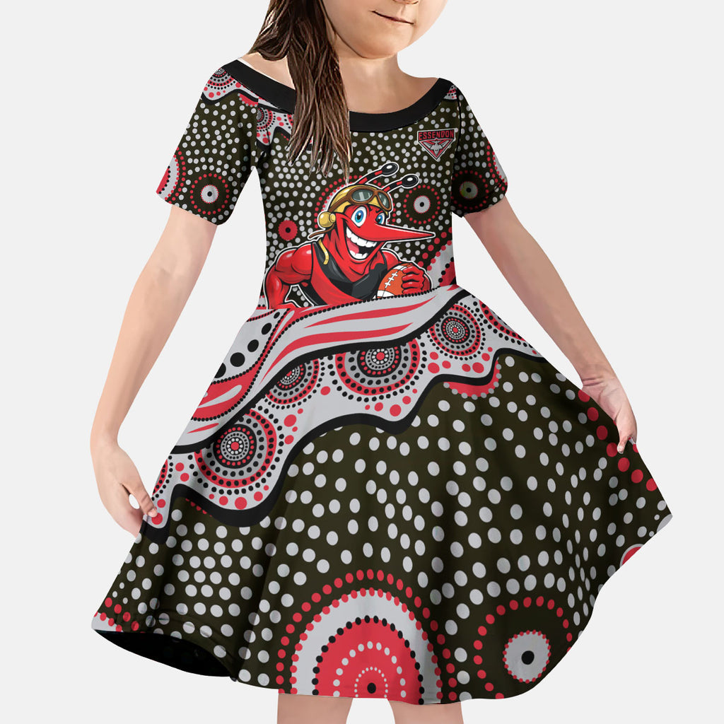 Essendon Bombers Kid Short Sleeve Dress Aboriginal Dot Pattern - Football Mascot Heritage Pride
