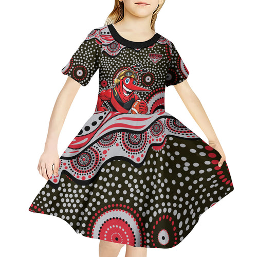 Essendon Bombers Kid Short Sleeve Dress Aboriginal Dot Pattern - Football Mascot Heritage Pride