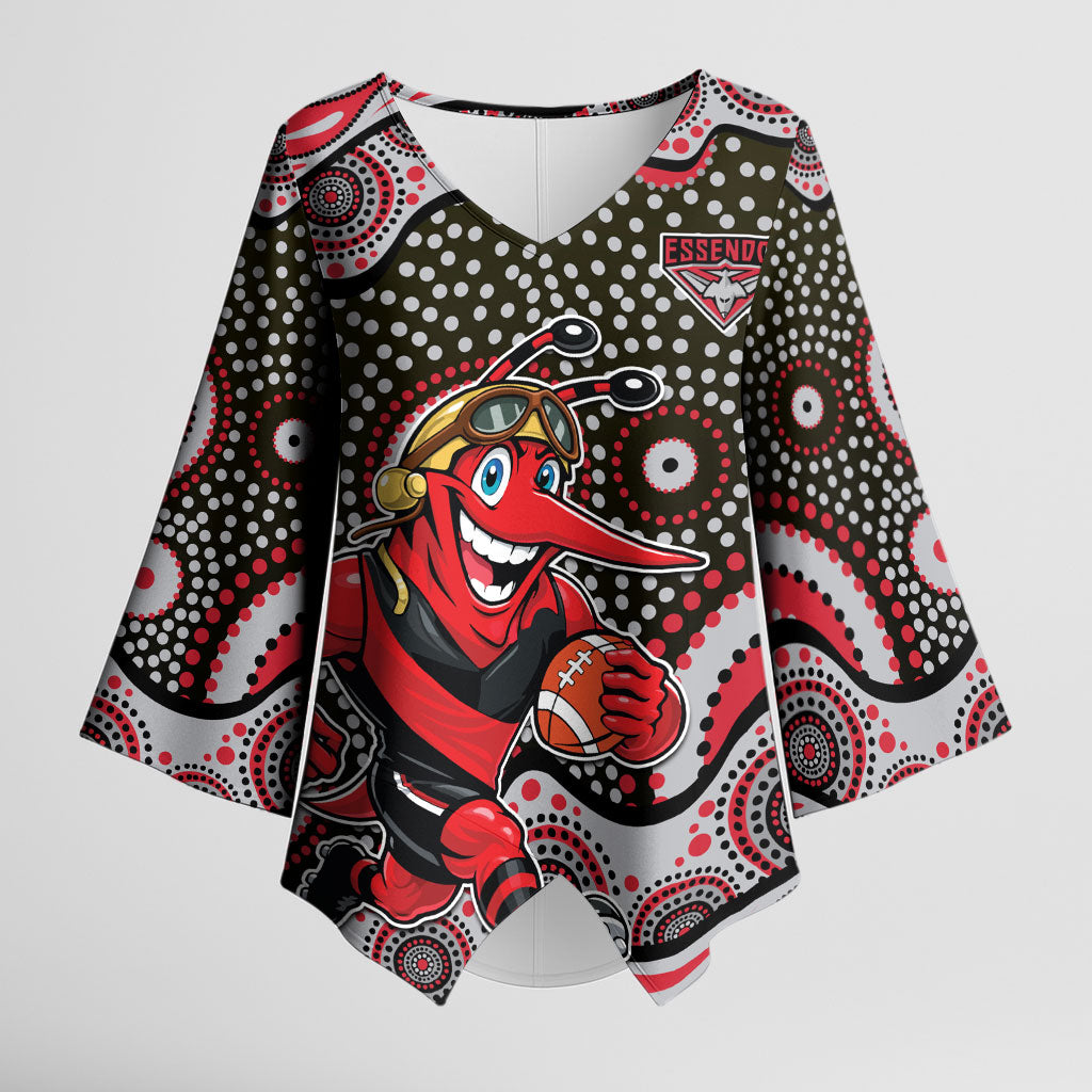 Essendon Bombers Kimono Sleeve Blouse Aboriginal Dot Pattern - Football Mascot Heritage Pride