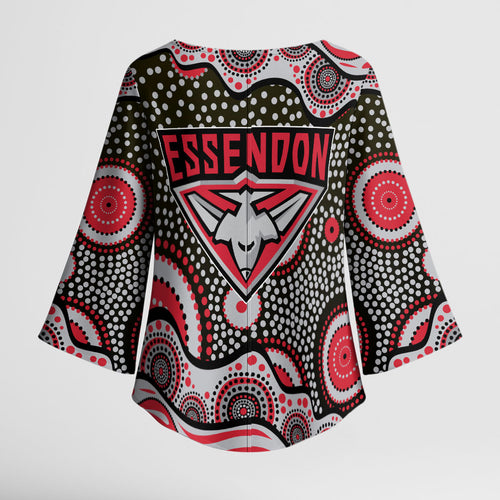 Essendon Bombers Kimono Sleeve Blouse Aboriginal Dot Pattern - Football Mascot Heritage Pride