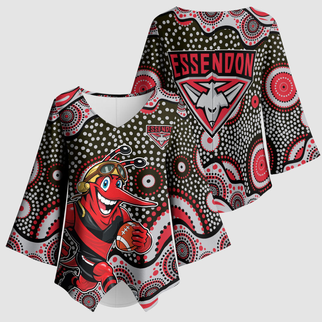 Essendon Bombers Kimono Sleeve Blouse Aboriginal Dot Pattern - Football Mascot Heritage Pride