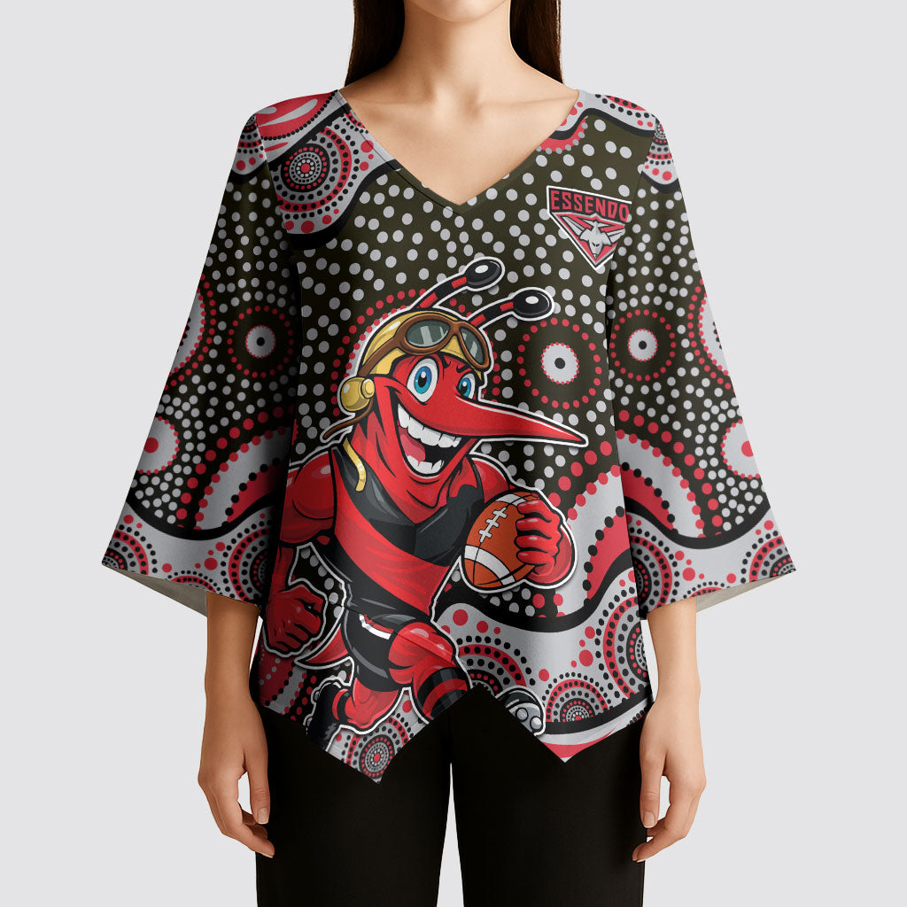 Essendon Bombers Kimono Sleeve Blouse Aboriginal Dot Pattern - Football Mascot Heritage Pride