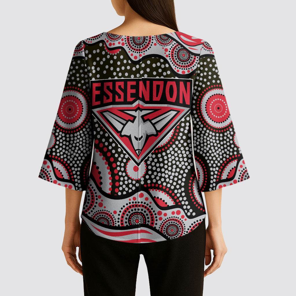 Essendon Bombers Kimono Sleeve Blouse Aboriginal Dot Pattern - Football Mascot Heritage Pride