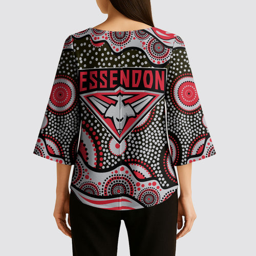 Essendon Bombers Kimono Sleeve Blouse Aboriginal Dot Pattern - Football Mascot Heritage Pride