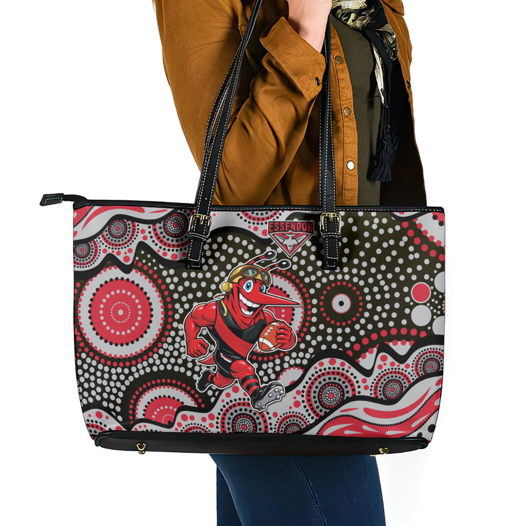 Essendon Bombers Leather Tote Bag Aboriginal Dot Pattern - Football Mascot Heritage Pride
