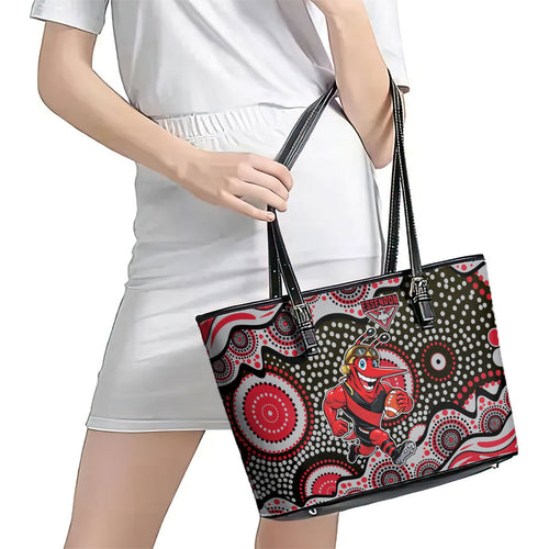 Essendon Bombers Leather Tote Bag Aboriginal Dot Pattern - Football Mascot Heritage Pride