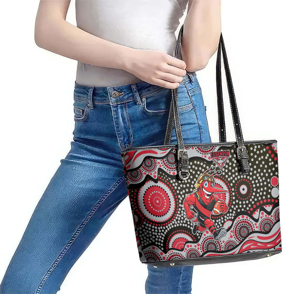 Essendon Bombers Leather Tote Bag Aboriginal Dot Pattern - Football Mascot Heritage Pride
