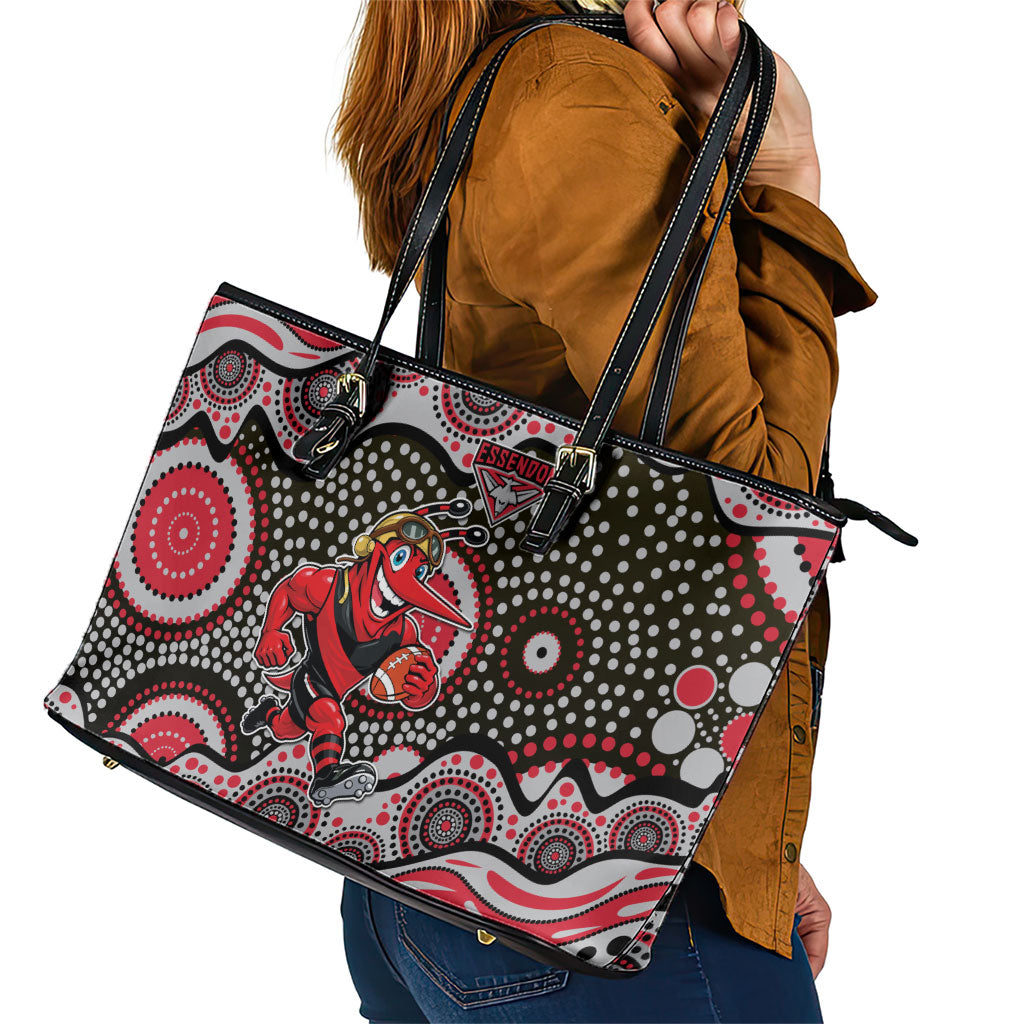 Essendon Bombers Leather Tote Bag Aboriginal Dot Pattern - Football Mascot Heritage Pride