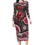 Essendon Bombers Long Sleeve Bodycon Dress Aboriginal Dot Pattern - Football Mascot Heritage Pride