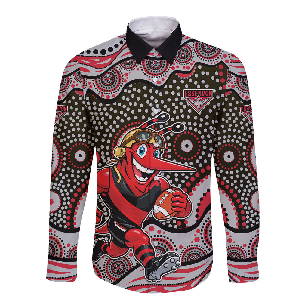 Essendon Bombers Long Sleeve Button Shirt Aboriginal Dot Pattern - Football Mascot Heritage Pride