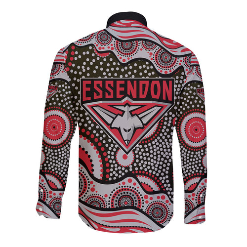 Essendon Bombers Long Sleeve Button Shirt Aboriginal Dot Pattern - Football Mascot Heritage Pride