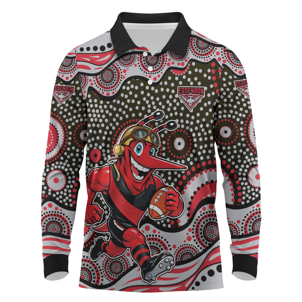 Essendon Bombers Long Sleeve Polo Shirt Aboriginal Dot Pattern - Football Mascot Heritage Pride