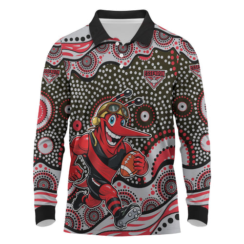 Essendon Bombers Long Sleeve Polo Shirt Aboriginal Dot Pattern - Football Mascot Heritage Pride