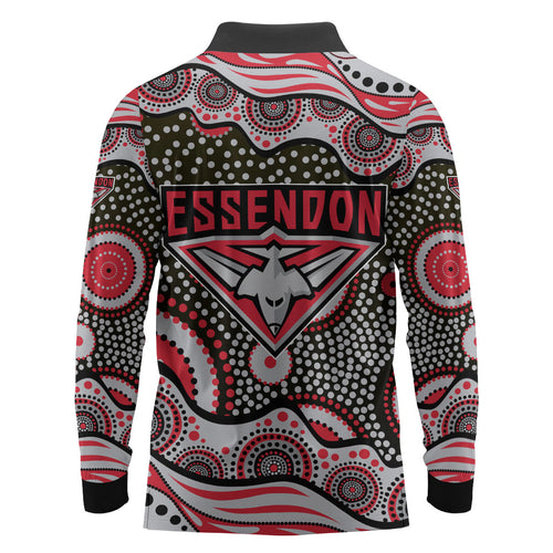 Essendon Bombers Long Sleeve Polo Shirt Aboriginal Dot Pattern - Football Mascot Heritage Pride