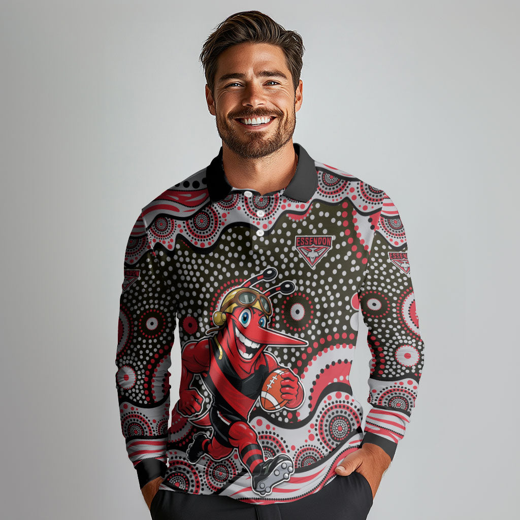 Essendon Bombers Long Sleeve Polo Shirt Aboriginal Dot Pattern - Football Mascot Heritage Pride