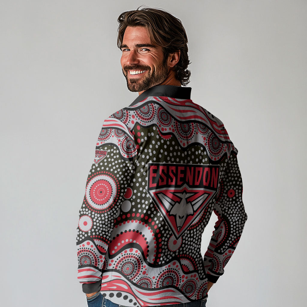 Essendon Bombers Long Sleeve Polo Shirt Aboriginal Dot Pattern - Football Mascot Heritage Pride
