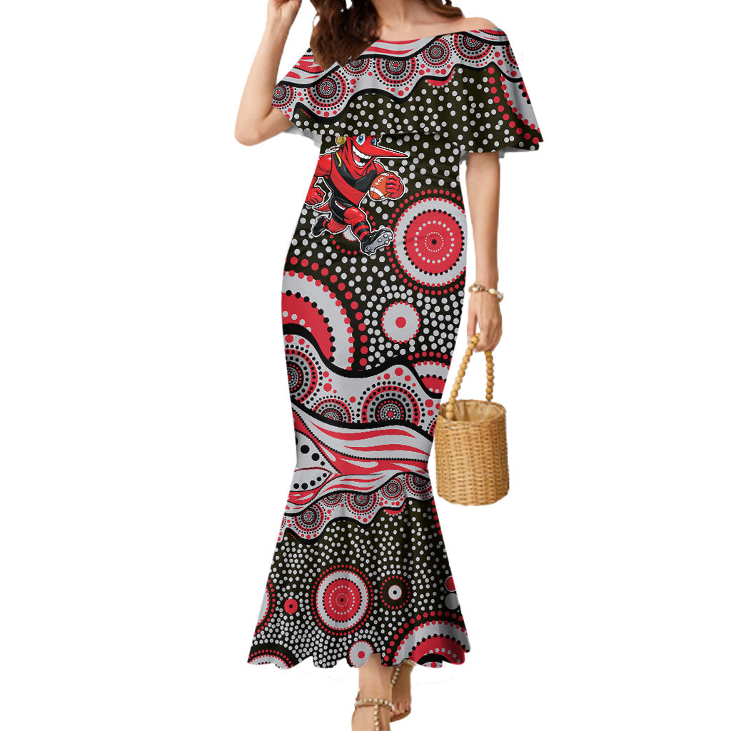 Essendon Bombers Mermaid Dress Aboriginal Dot Pattern - Football Mascot Heritage Pride
