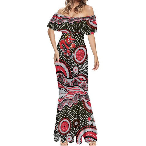 Essendon Bombers Mermaid Dress Aboriginal Dot Pattern - Football Mascot Heritage Pride