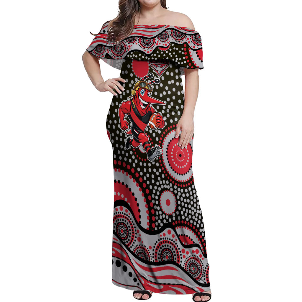 Essendon Bombers Off Shoulder Maxi Dress Aboriginal Dot Pattern - Football Mascot Heritage Pride