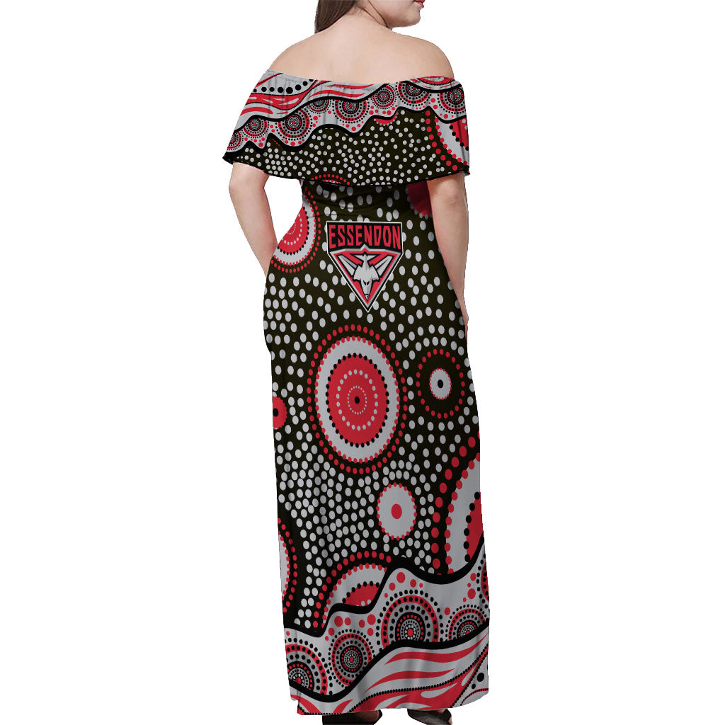 Essendon Bombers Off Shoulder Maxi Dress Aboriginal Dot Pattern - Football Mascot Heritage Pride