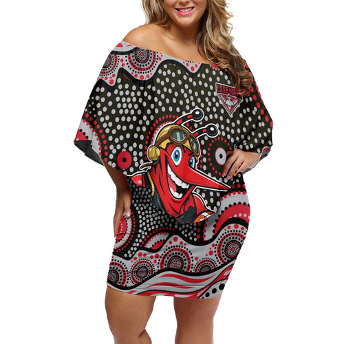 Essendon Bombers Off Shoulder Short Dress Aboriginal Dot Pattern - Football Mascot Heritage Pride