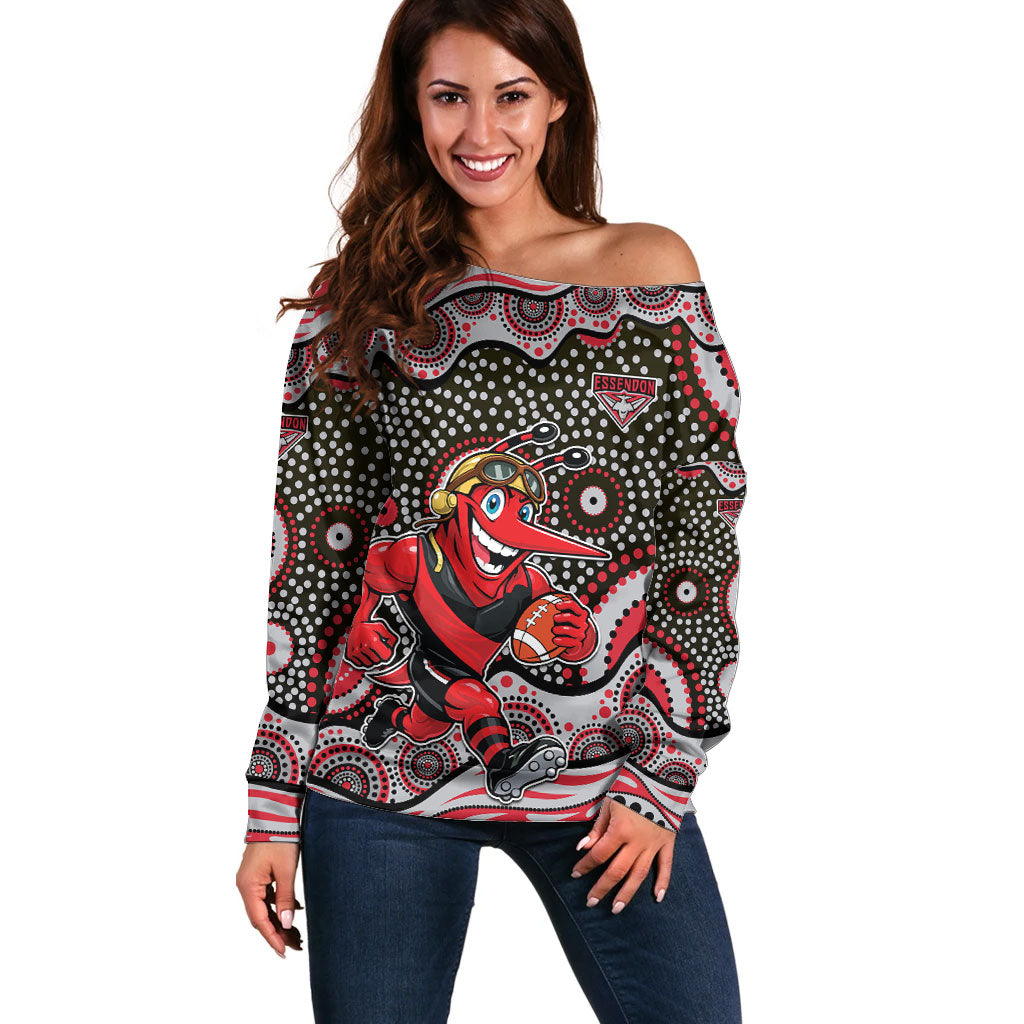 Essendon Bombers Off Shoulder Sweater Aboriginal Dot Pattern - Football Mascot Heritage Pride