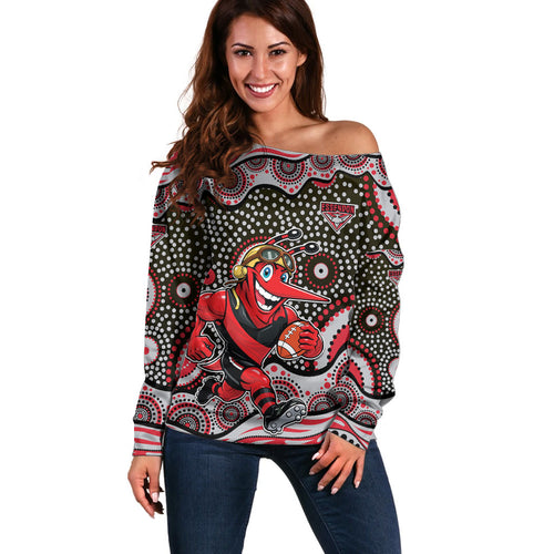 Essendon Bombers Off Shoulder Sweater Aboriginal Dot Pattern - Football Mascot Heritage Pride
