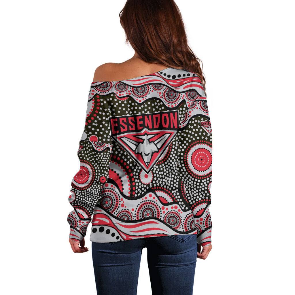 Essendon Bombers Off Shoulder Sweater Aboriginal Dot Pattern - Football Mascot Heritage Pride