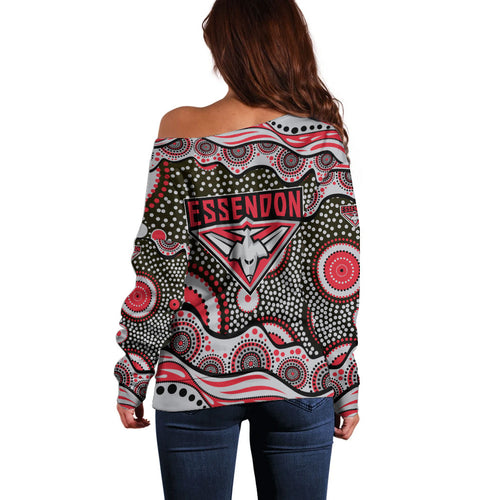 Essendon Bombers Off Shoulder Sweater Aboriginal Dot Pattern - Football Mascot Heritage Pride
