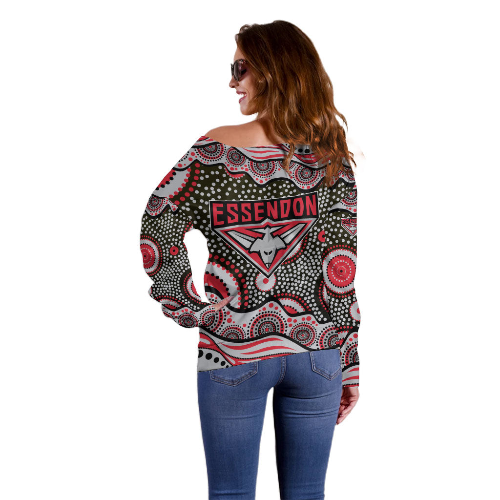 Essendon Bombers Off Shoulder Sweater Aboriginal Dot Pattern - Football Mascot Heritage Pride