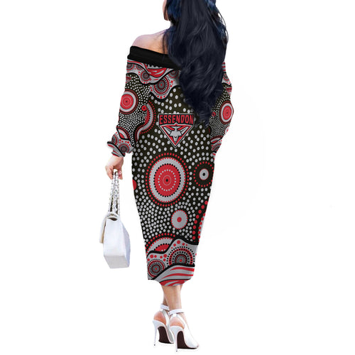 Essendon Bombers Off The Shoulder Long Sleeve Dress Aboriginal Dot Pattern - Football Mascot Heritage Pride