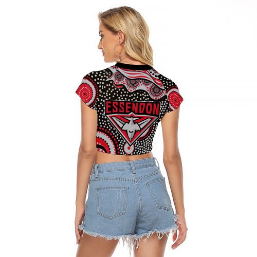 Essendon Bombers Raglan Cropped T Shirt Aboriginal Dot Pattern - Football Mascot Heritage Pride