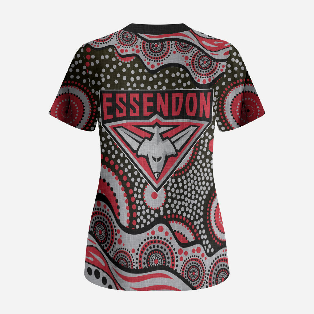 Essendon Bombers Scrub Top Aboriginal Dot Pattern - Football Mascot Heritage Pride