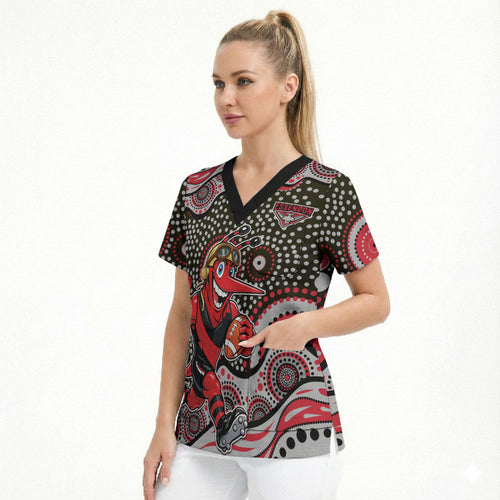 Essendon Bombers Scrub Top Aboriginal Dot Pattern - Football Mascot Heritage Pride