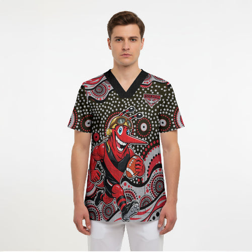 Essendon Bombers Scrub Top Aboriginal Dot Pattern - Football Mascot Heritage Pride