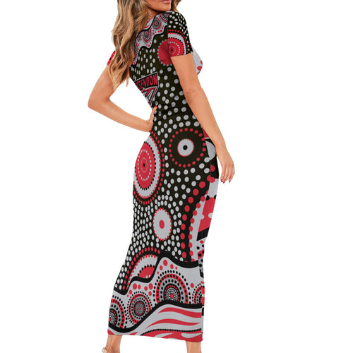 Essendon Bombers Short Sleeve Bodycon Dress Aboriginal Dot Pattern - Football Mascot Heritage Pride