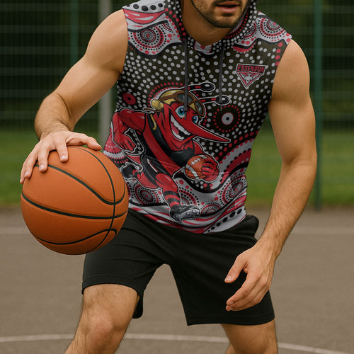 Essendon Bombers Sleeveless Hoodie Aboriginal Dot Pattern - Football Mascot Heritage Pride
