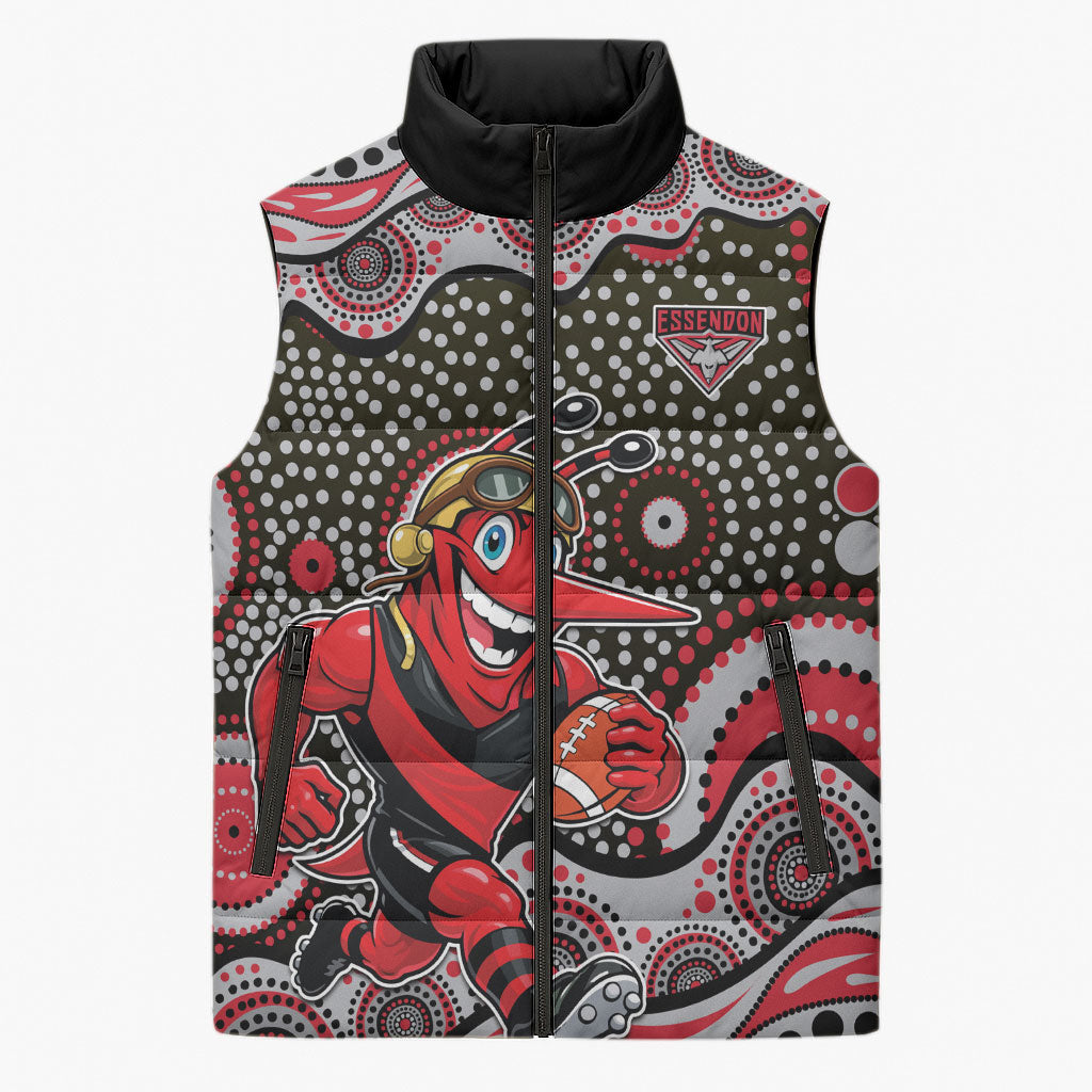 Essendon Bombers Sleeveless Puffer Jacket Aboriginal Dot Pattern - Football Mascot Heritage Pride
