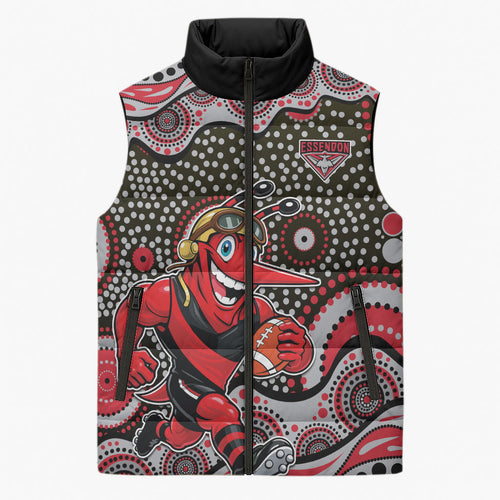 Essendon Bombers Sleeveless Puffer Jacket Aboriginal Dot Pattern - Football Mascot Heritage Pride