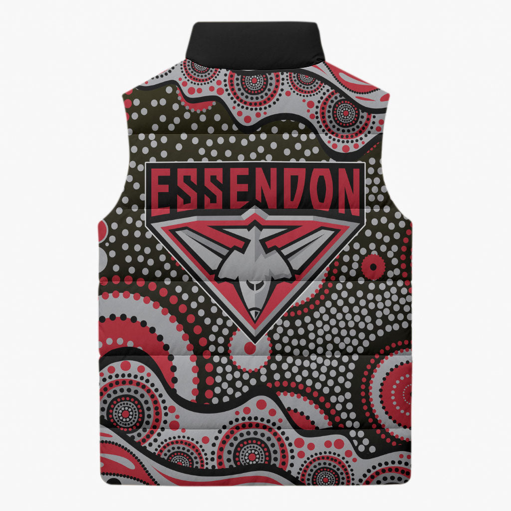 Essendon Bombers Sleeveless Puffer Jacket Aboriginal Dot Pattern - Football Mascot Heritage Pride