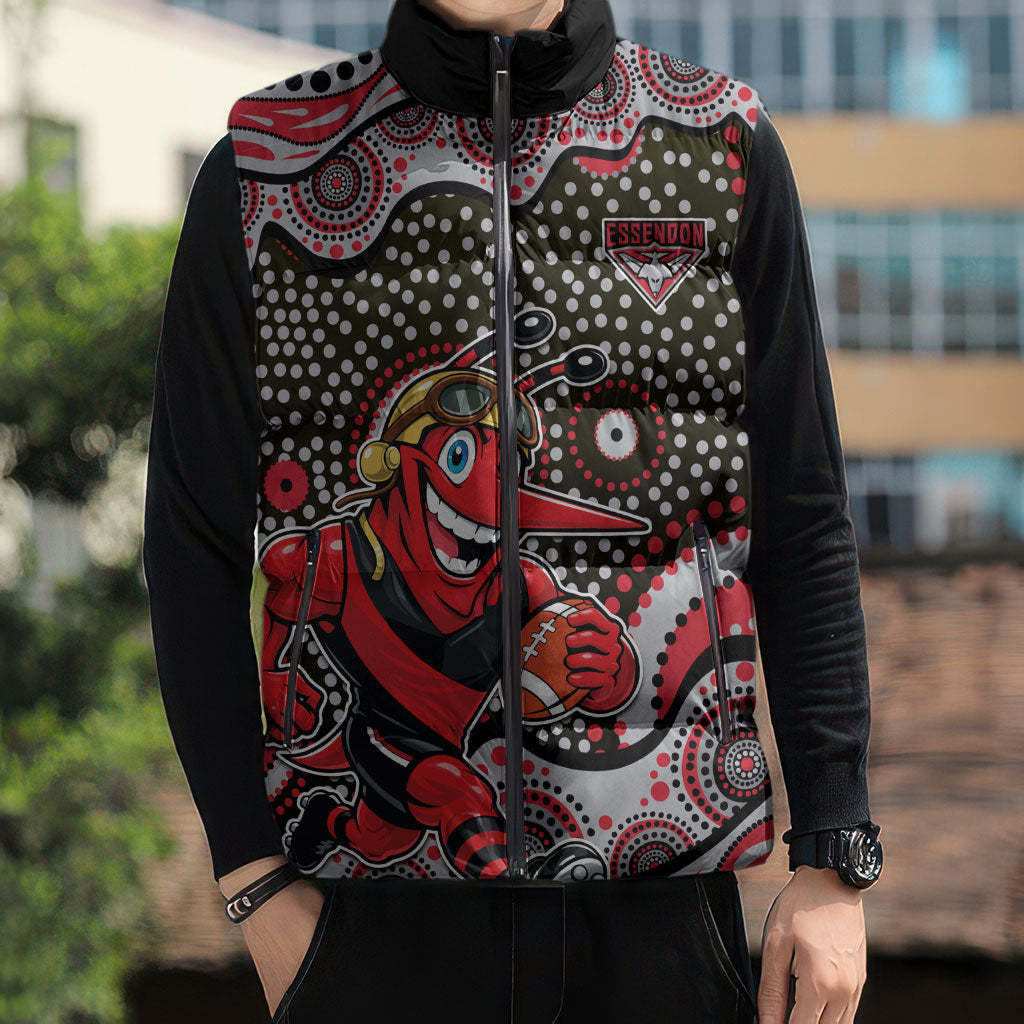 Essendon Bombers Sleeveless Puffer Jacket Aboriginal Dot Pattern - Football Mascot Heritage Pride